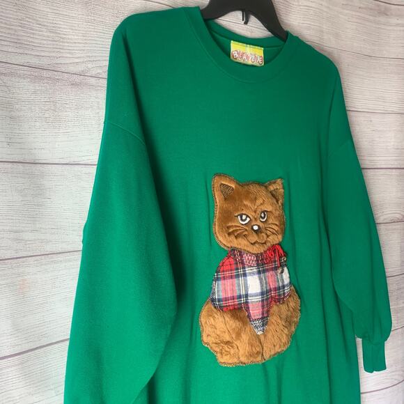 Vintage Beanzie Green Cat Nightgown Shirt Dress 1990s Fuzzy Cat Applique Bell - Picture 14 of 15